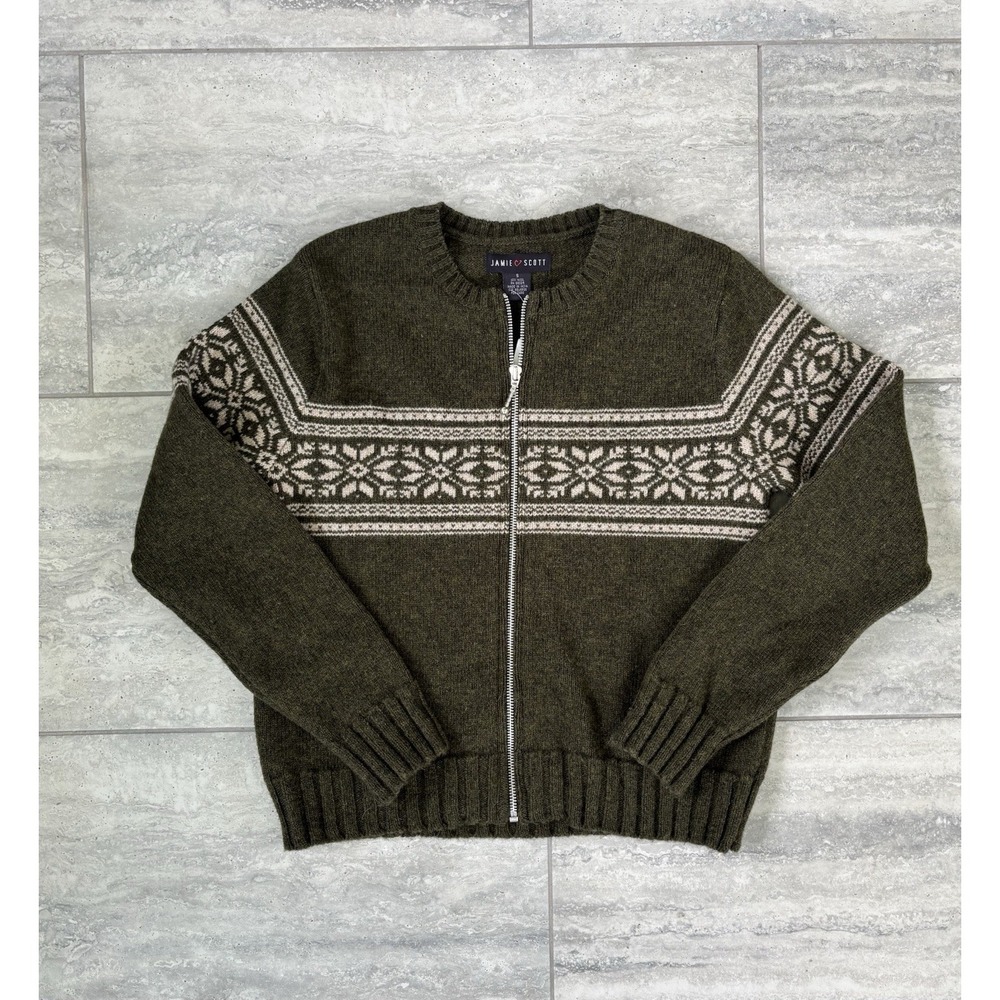 Jamie Scott Women's Wool Sweater Jacket M Green Fair Isle Full Zip Winter NWT